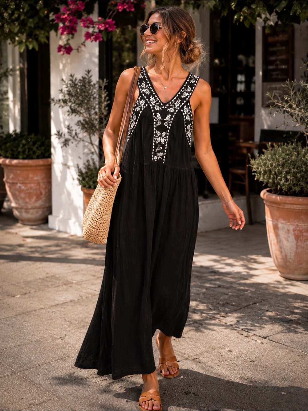 Cupio Black Maxi Dress with White Embroidered Yoke